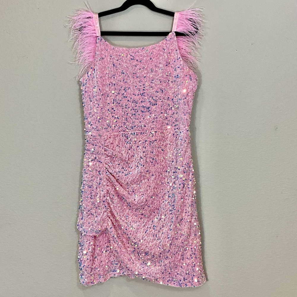 Zunie Pink Sequin Dress with Feather Detail Size 14